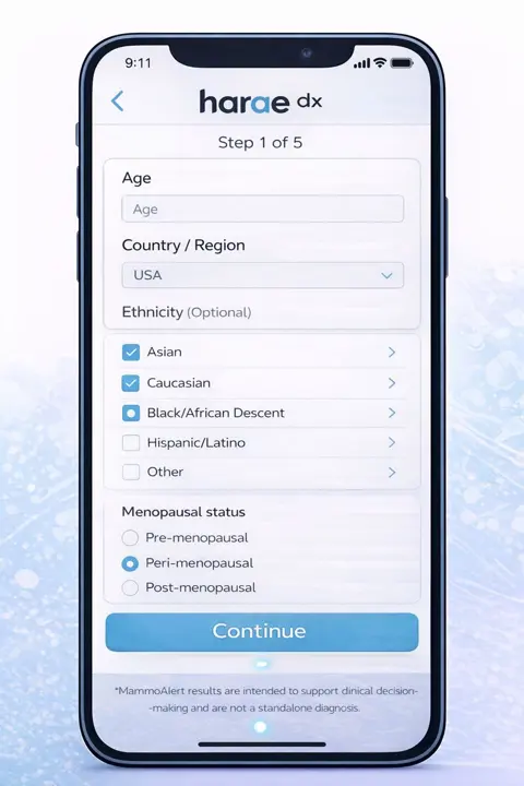 MammoAlert app step 1 of 5 collecting age, country/region, ethnicity, and menopausal status