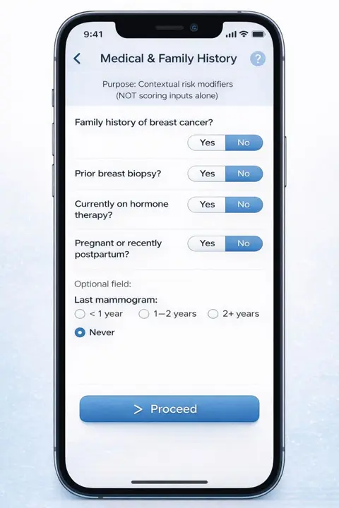 MammoAlert app medical and family history screen with yes/no risk-modifier questions