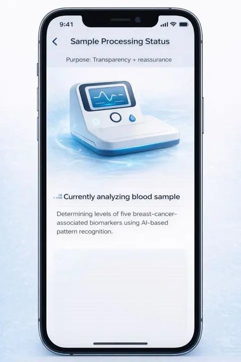 MammoAlert app sample processing status screen analyzing a blood sample
