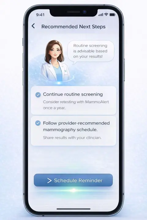 MammoAlert app recommended next steps screen with a screening reminder option