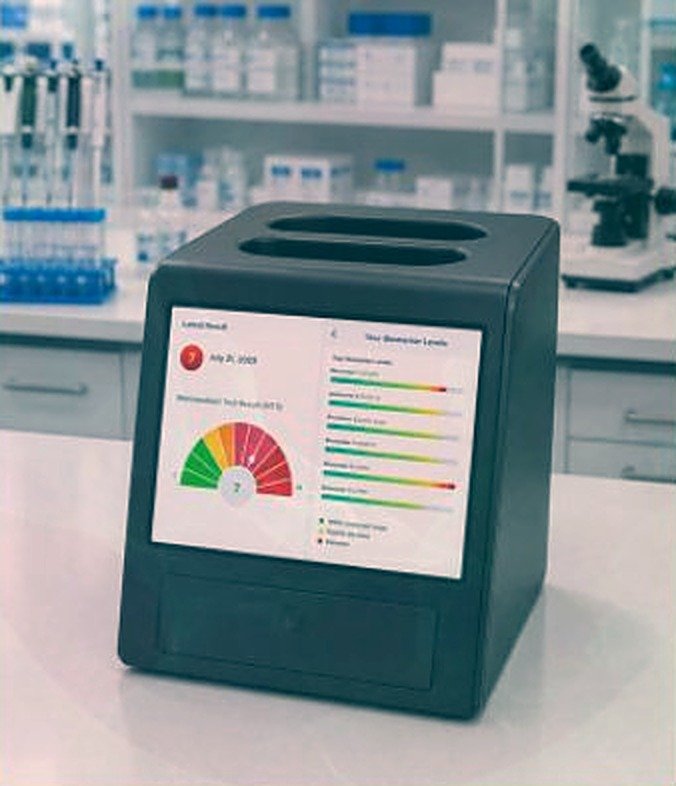 Nidan BioLab portable point-of-care analyzer showing an AI-generated breast cancer risk result
