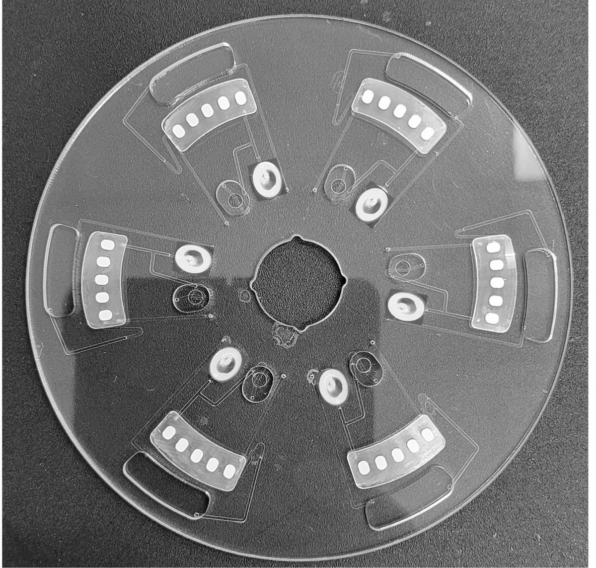 Nidan BioLab microfluidic disk with five integrated biomarker assay channels