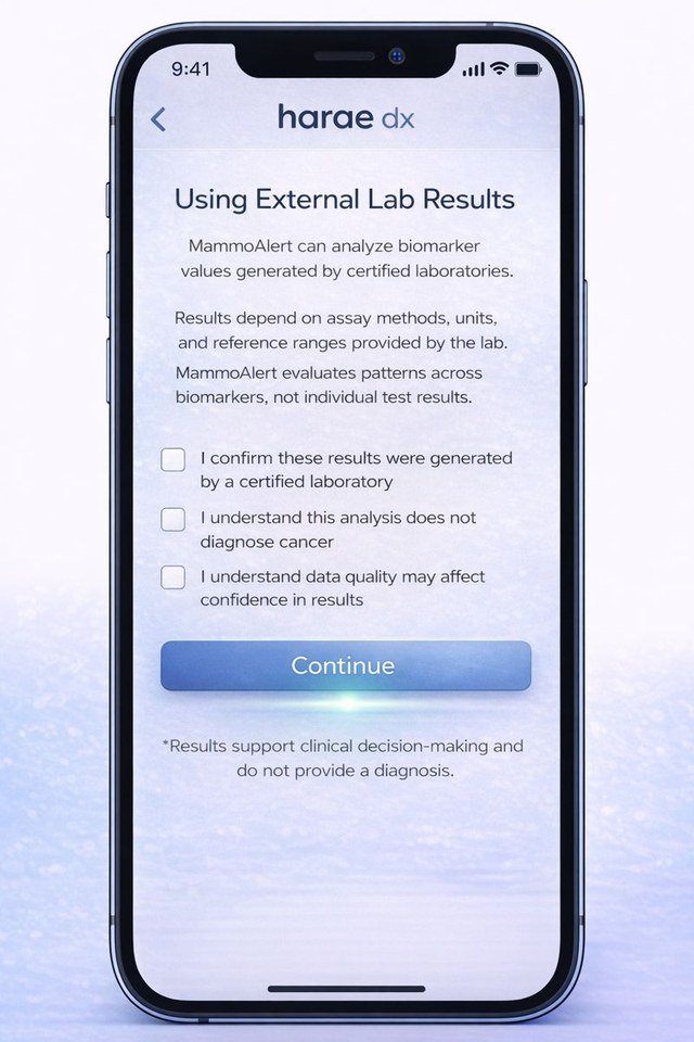 MammoAlert app consent screen for using external certified lab results
