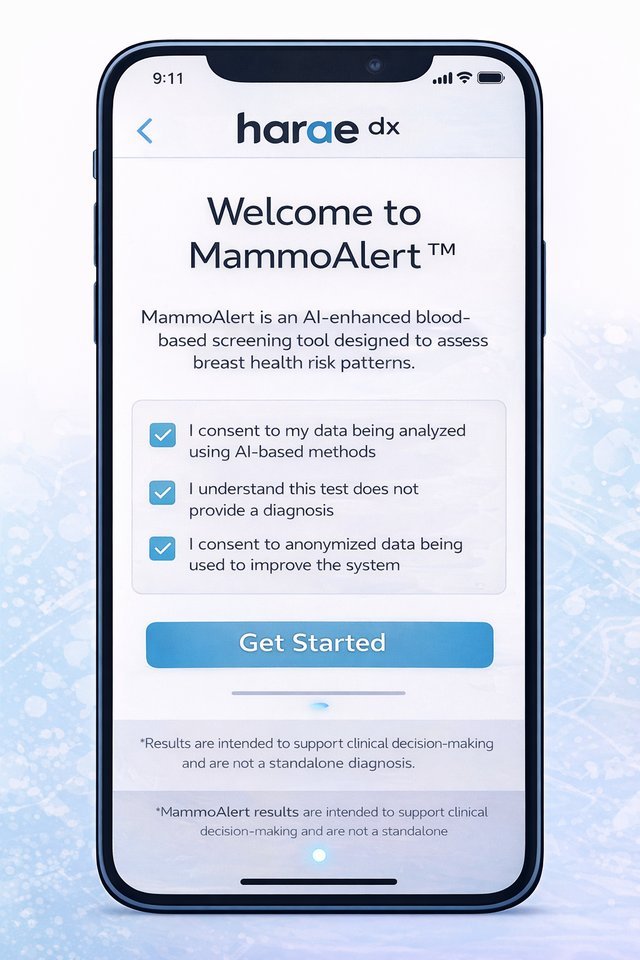 MammoAlert app welcome and consent screen